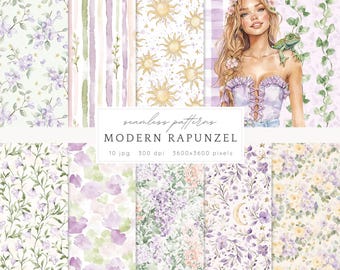 Watercolor Modern Rapunzel Seamless Patterns, Fantasy Pattern JPEG, Floral Digital Download, Flowers, Repeating pattern Scrapbook Paper