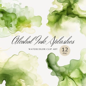 Aquarel alcoholinkt spatten clipart, groene kleur splash illustraties, zachte penseelstreken, beige abstracte PNG digitale download commercieel gebruik