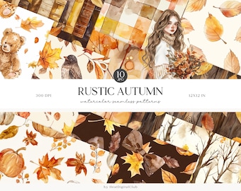 Watercolor Autumn Seamless Patterns, Rustic Neutral Fall Designs (Digital Download)