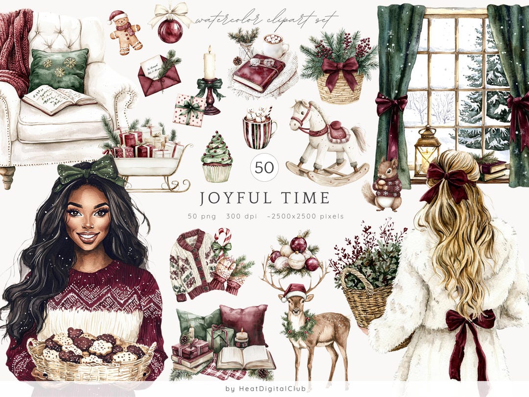 Watercolor Joyful Time Clipart, Cozy Winter Clip Art Bundle, Holidays
