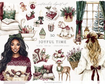 May include: A watercolor clipart set with a joyful Christmas theme. The set includes a woman in a red and white sweater holding a basket of cookies, a woman in a white coat with a red bow, a rocking horse, a reindeer, a window with snow falling outside, a fireplace with stockings, a book, a cup of hot chocolate, a candle, a wreath, a sled, a basket of greenery, and a cupcake.