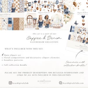 May include: Digital watercolour collection named "Coffee & Denim." The image displays various clipart sets, floral compositions, seamless patterns, and a full collection bundle. The set includes illustrations of coffee, denim, and related elements.