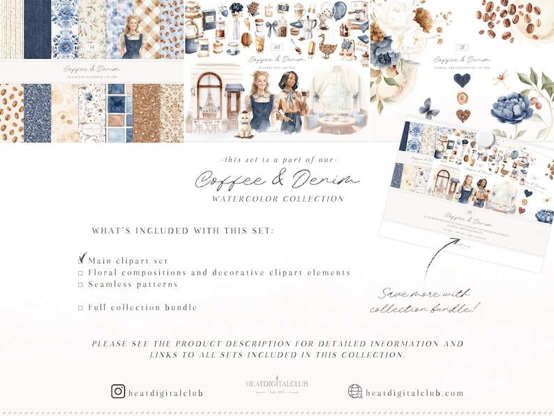 May include: Digital watercolour collection named "Coffee & Denim." The image displays various clipart sets, floral compositions, seamless patterns, and a full collection bundle. The set includes illustrations of coffee, denim, and related elements.