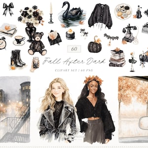 May include: A digital clipart set titled Fall After Dark featuring sixty watercolor illustrations including a black swan, pumpkins, a teddy bear, a vintage telephone, books, clothing, two illustrated figures, and autumn-themed city scenes.