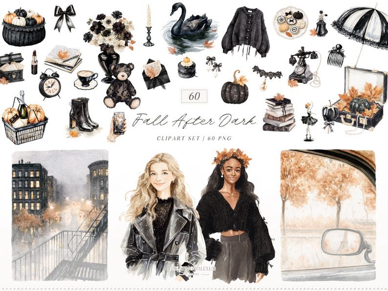 May include: A digital clipart set titled Fall After Dark featuring sixty watercolor illustrations including a black swan, pumpkins, a teddy bear, a vintage telephone, books, clothing, two illustrated figures, and autumn-themed city scenes.