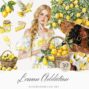 Watercolor Lemon Addiction Clipart Bundle, Lemonade Clip Art, Citrus graphics, Spring Flowers, seasonal, watercolor girl, digital stickers