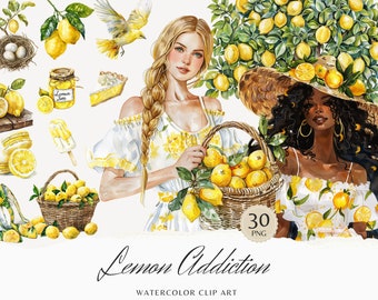 Watercolor Lemon Addiction Clipart Bundle, Lemonade Clip Art, Citrus graphics, Spring Flowers, seasonal, watercolor girl, digital stickers