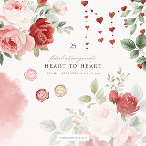 Può includere: Illustrazione ad acquerello di composizioni floreali con rose rosse e rosa, foglie verdi e accenti a forma di cuore. Il testo "HEART TO HEART" e "floral arrangements" è incluso. Sono presenti anche sigilli di cera con le parole "FOREVER" e "LOVE".