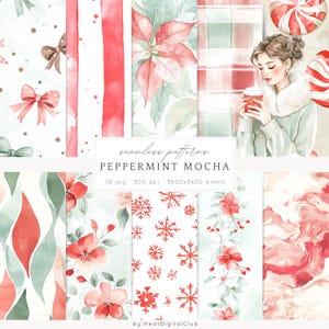 May include: A set of 10 digital seamless patterns featuring a winter theme with red and green colors. The patterns include snowflakes, poinsettias, bows, stripes, and marbleized designs. The text "seamless patterns PEPPERMINT MOCHA 10 jpg 300 dpi 3600x3600 pixels by HeatDigitalClub" is included in the image.