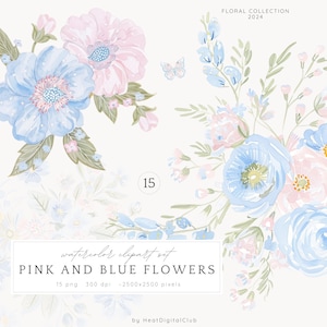 Aquarel roze en blauwe bloemen ClipArt, pastel bloemen illustraties, bloem PNG, aquarel bloemen, gender Reveal sublimatie digitale download