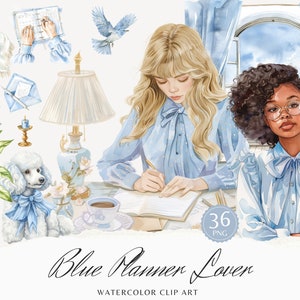 Aquarelle bleu planificateur amant des cliparts, clipart planificateur, planificateur fille PNG Bundle, planification confortable, rustique, usage Commercial, stickers numériques