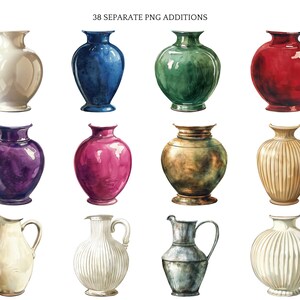 May include: A collection of watercolour illustrations of vases in various colours and styles. The vases are depicted in white, blue, green, red, purple, pink, gold, and beige. Some have ribbed designs, others are smooth.
