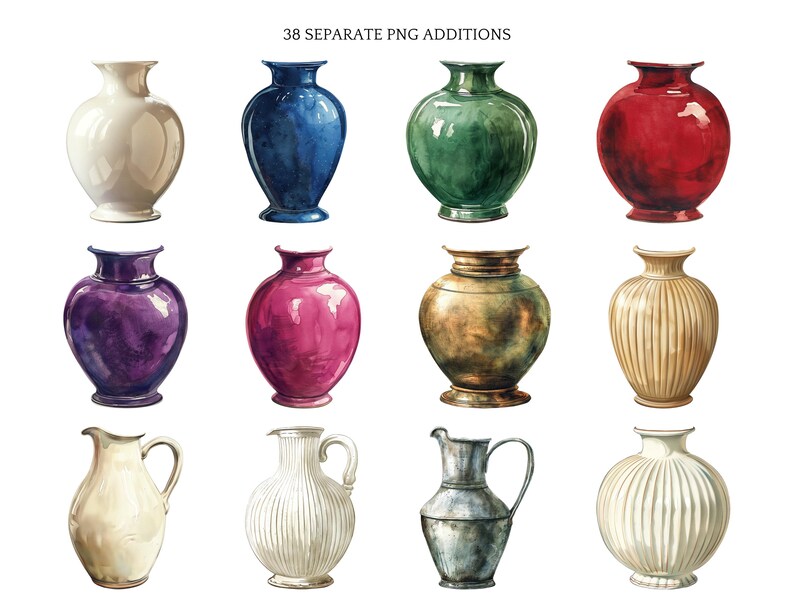 May include: A collection of watercolour illustrations of vases in various colours and styles. The vases are depicted in white, blue, green, red, purple, pink, gold, and beige. Some have ribbed designs, others are smooth.