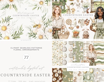 May include: A watercolor digital set of 77 clipart, seamless patterns, and floral arrangements with an Easter theme. The set includes images of daisies, bunnies, eggs, and other spring elements. The set is perfect for creating invitations, cards, and other crafts.