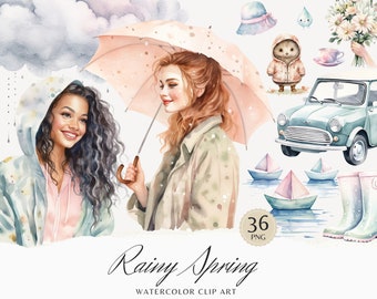 Watercolor Rainy Spring Clipart, Cozy Spring Clip Art, Floral graphics, Cute Spring, flowers, seasonal, watercolor girl, digital stickers