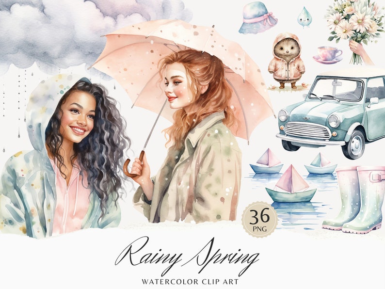 Akvarell regnig vår Clipart, mysig vår Clip Art, blommig grafik, söt vår, blommor, säsongsbetonad, akvarell flicka, digitala klistermärken bild 1