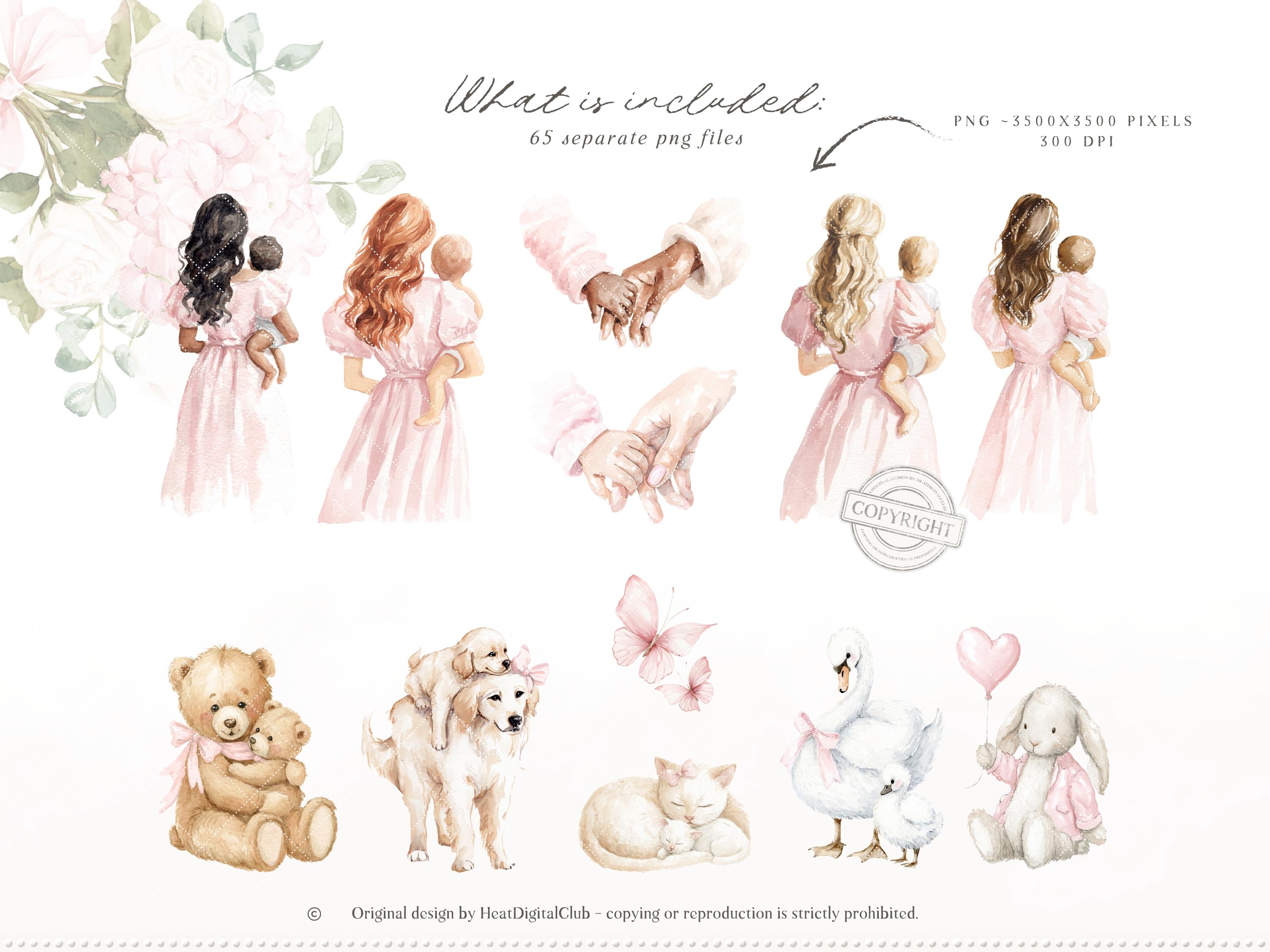 Watercolor Mothers Day Clipart, Mom and Baby PNG, Animals, Soft Pink ...