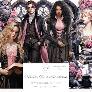 Acquerello Winter Rose Dark Academia Articoli, Vintage Romantic Cottagecore PNG Clipart Bundle, Arte gotica vittoriana, Uso commerciale, Adesivi