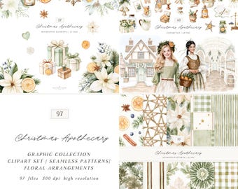Watercolor Christmas Clipart Bundle, Apothecary Botanical Holiday PNG Collection (Digital Download)