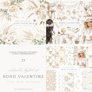 Aquarel Boho Valentijnsdag clipart bundel, romantische illustraties PNG, rustieke liefde, boho clipart, digitale download stickers, commercieel gebruik