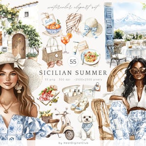 Clipart estate siciliana ad acquerello, vacanze nel Mediterraneo, PNG italiano, clipart costiera italiana, estetica europea, download digitale
