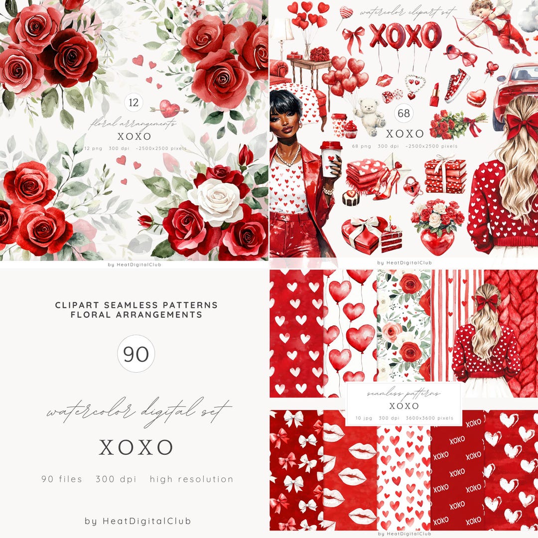 Watercolor Valentines Day Clipart Bundle, Romantic Clip Art PNG, XOXO ...