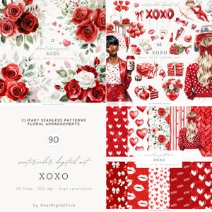 Aquarell Valentinstag Clipart Bundle, romantisch Clip Art PNG, XOXO, Liebe, Ballons Clipart, digitaler Download Aufkleber, kommerzielle Nutzung