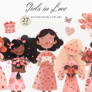 Paquete de imágenes prediseñadas de chicas enamoradas en acuarela, imágenes prediseñadas del día de San Valentín PNG, linda caricatura romántica, amor, pegatinas de descarga digital, uso comercial