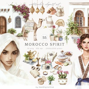 Aquarel Marokko geest illustraties, Marokkaanse illustraties, reizen clipart PNG, Marokkaans interieur, Boho clipart, zomer clipart, digitale download