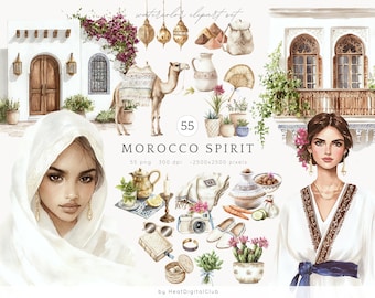 Watercolor Morocco Clipart, Boho Travel Illustrations (Digital Download)