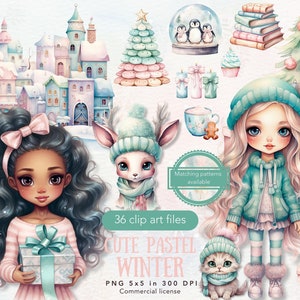 Paquete de imágenes prediseñadas de invierno en acuarela, lindos y acogedores, imágenes prediseñadas navideñas PNG, descarga digital de dibujos animados para niños, guardería navideña, uso comercial