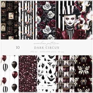 Peut inclure: Dix motifs sans couture sur le thème du cirque sombre. Les motifs comprennent des éléphants, des roses, des ballons, des chapiteaux de cirque et des papillons. La palette de couleurs comprend le noir, le blanc et le bordeaux.