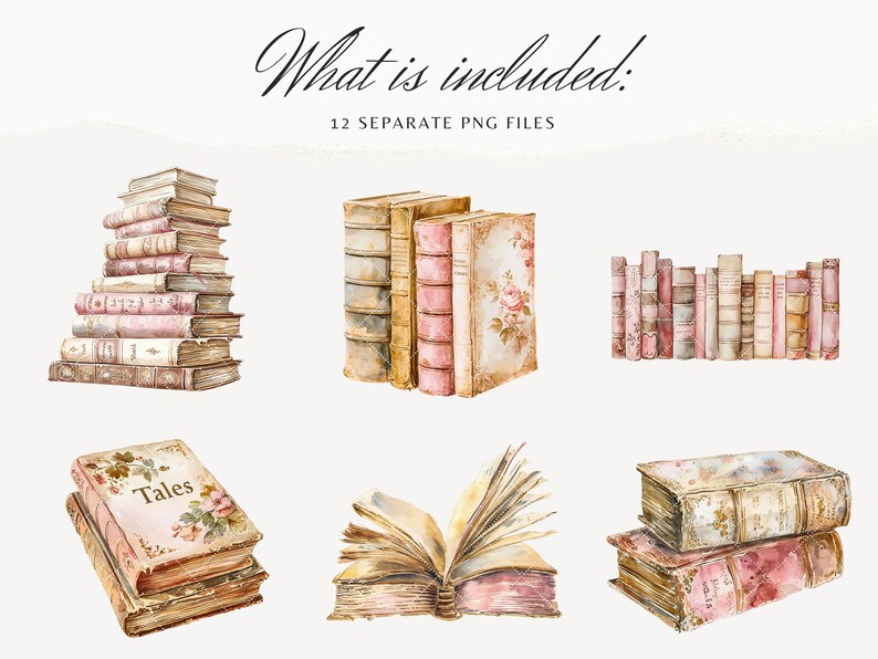 May include: A set of 12 watercolor illustrations of vintage books. The illustrations include a stack of books, a set of three books, a row of books, a book with the word "Tales" on the cover, an open book, and a stack of two books.