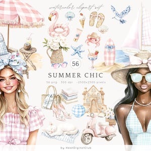 Clipart acquerello estivo chic, Clipart Grandmillennial, Clipart spiaggia estiva, Clip art ragazza alla moda, PNG estate elegante, Estetica costiera