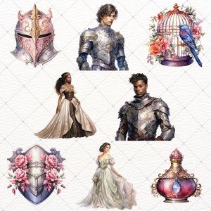 May include: A set of digital illustrations featuring a knight in armor, a princess in a white gown, a bird in a cage, a shield with roses, a bottle of perfume, and a helmet.