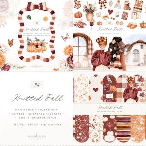 Peut inclure: Une collection d'art numérique intitulée "Knitted Fall" comprenant des cliparts aquarelles, des motifs sans couture et des arrangements floraux. L'image présente des illustrations de citrouilles, de feuillage d'automne et de pulls douillets. La collection comprend 114 fichiers à 300 dpi.