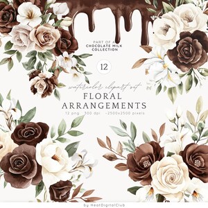 May include: A set of 12 watercolor clipart images featuring floral arrangements with brown and white roses, leaves, and chocolate milk dripping in the background. The text "watercolor clipart set FLORAL ARRANGEMENTS 12 png 300 dpi -2500x2500 pixels" is included in the image.