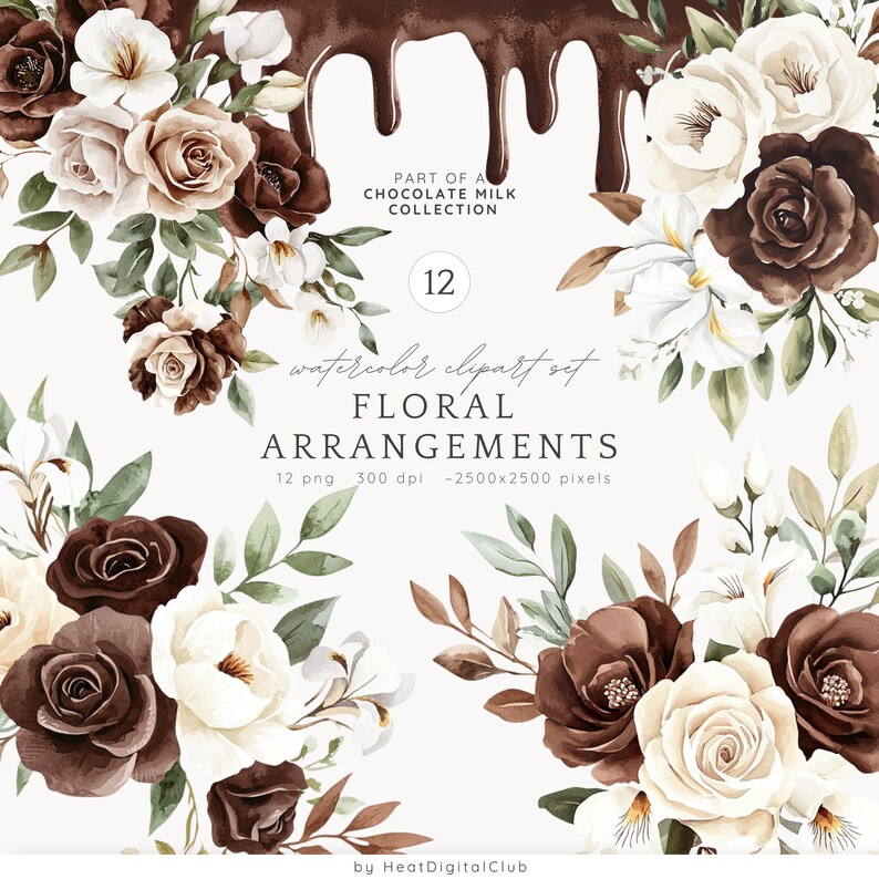 May include: A set of 12 watercolor clipart images featuring floral arrangements with brown and white roses, leaves, and chocolate milk dripping in the background. The text "watercolor clipart set FLORAL ARRANGEMENTS 12 png 300 dpi -2500x2500 pixels" is included in the image.