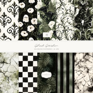 May include: A collection of ten seamless digital patterns titled Ghost Garden, featuring black, white, and dark green motifs including fleur-de-lis, ghosts, flowers, ferns, damask, cracked textures, checkerboards, and vertical stripes in a grid layout.