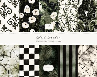 Watercolor Gothic Halloween Seamless Patterns, Ghost Garden Dark Botanical JPG, Digital Download