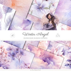 May include: A set of 10 digital watercolor seamless patterns featuring a winter angel theme. The patterns include delicate feathers, flowers, clouds, and a winter angel in a hooded cloak. The patterns are perfect for creating digital or printed designs for scrapbooking, invitations, cards, and more.