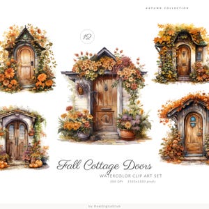 Aquarell Herbst Tür Cottage Clipart PNG, Vintage Herbst Türen Clip Art Digitale Grafiken, kommerzielle Nutzung, für Kartenherstellung, Scrapbook Journal