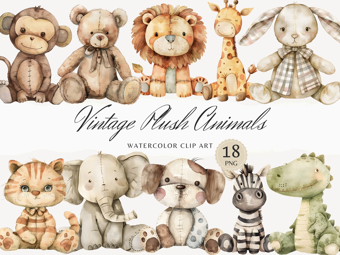Watercolor Vintage Plush Animals Clipart Bundle, Nursery Animal Clip ...