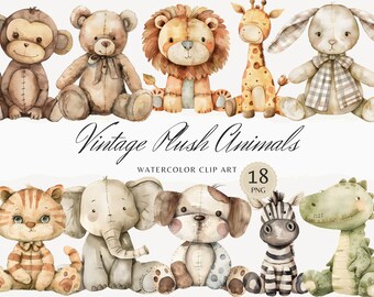 Bundle de cliparts animaux en peluche vintage aquarelle, clipart animaux de chambre d'enfant, Baby Shower Party inviter PNG, scrapbooking déco bébé animal