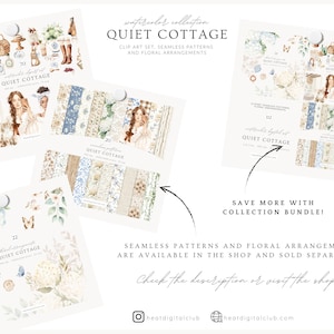 May include: A collection of watercolor clip art sets, seamless patterns, and floral arrangements. The image features several cards with the text "QUIET COTTAGE" and illustrations of various objects and patterns. The text "SAVE MORE WITH COLLECTION BUNDLE!" is also visible.