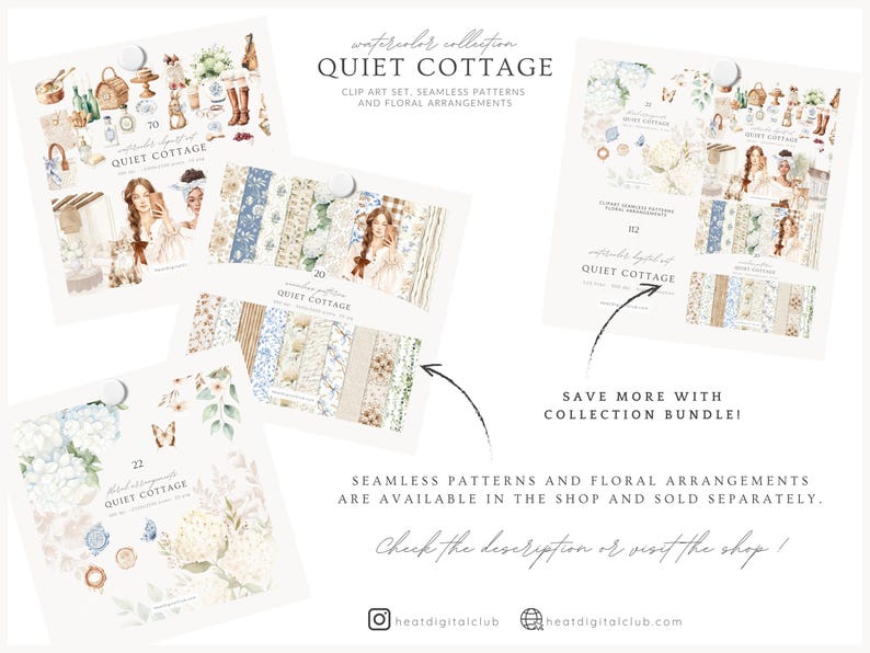 May include: A collection of watercolor clip art sets, seamless patterns, and floral arrangements. The image features several cards with the text "QUIET COTTAGE" and illustrations of various objects and patterns. The text "SAVE MORE WITH COLLECTION BUNDLE!" is also visible.