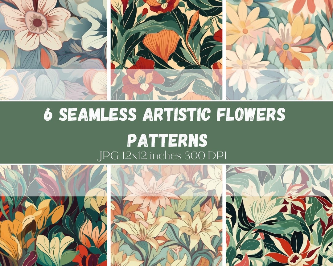 6 Seamless Art Flowers Patterns JPEG Digital Download Etsy