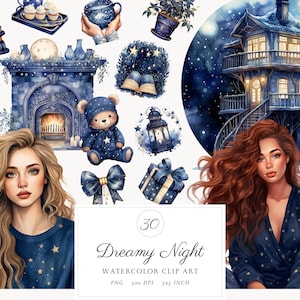 Watercolor Dreamy Night Cottage Living Clipart, Romantic Winter Cottagecore Clip Art PNG Bundle Commercial Use, countryside, Cozy living