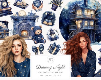 Watercolor Dreamy Night Cottage Living Clipart, Romantic Winter Cottagecore Clip Art PNG Bundle Commercial Use, countryside, Cozy living