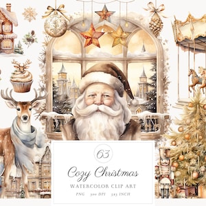 Aquarelle confortable Noël PNG Clipart Bundle Images, Clipart Noël, clipart vacances, clipart numérique père Noël, usage commercial gratuit